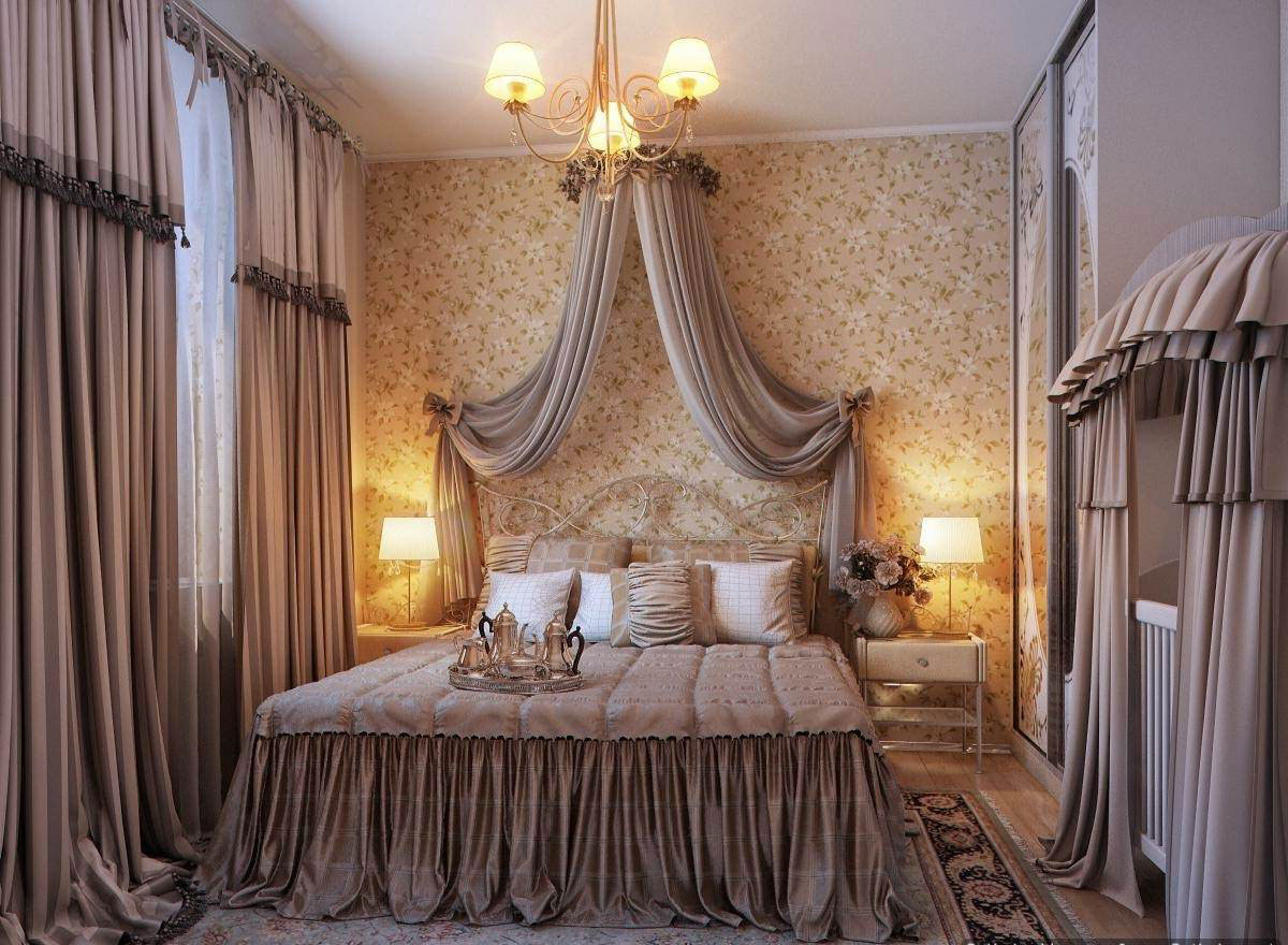 Elegancka i romantyczna sypialnia dla pary młodej. Klasyczny wystrój, beżowe kolory, duże łóżko, tapeta w kwiaty.
