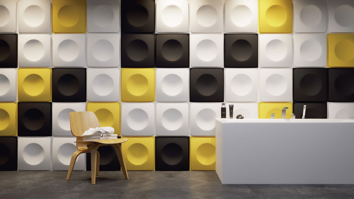 Nowoczesny panel 3D na ścianę, różne kolory, minimalistyczny kształt: wklęsłe kolo i wypukły kwadrat